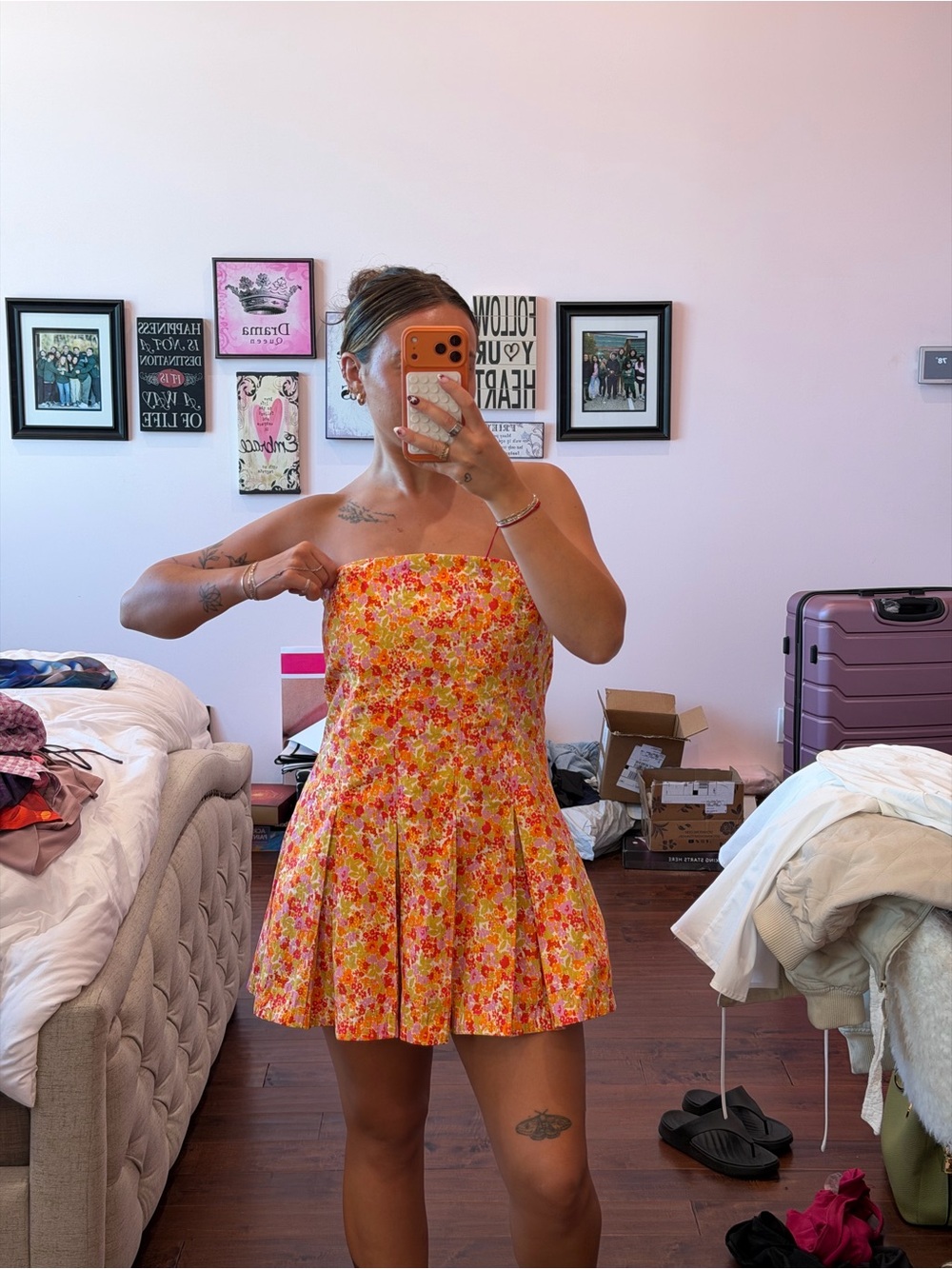 Multi color flower strapless dress